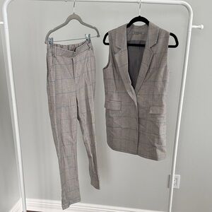 Neutral Plaid Sleeveless Vest & High-Waist Trousers Set